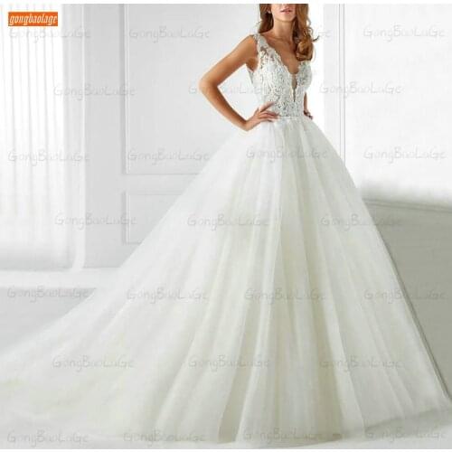 Gorgeous Ivory Wedding Gowns V Neck Sleeveless Vestido De Noiva 2021 Custom Made Bridal Dresses Women Puff Sleeves Suknie Slubne