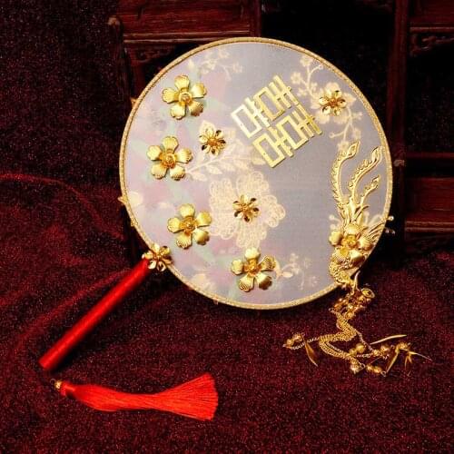 Vintage Wedding Gold Red Bride Bridesmaid Hand Holding Floral Fan Classical Palace Fan Wedding Accessory KI