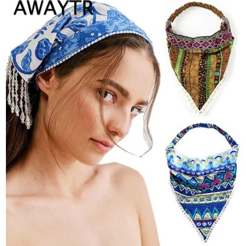 AWAYTR Retro Hair Scarf Turban Hair Band Printing Bandanas Headwear For Girls Fashion Elastic Head Wrap Women Hair Accessories