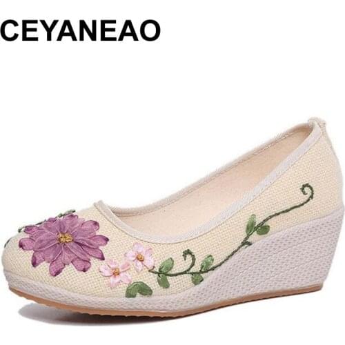 CEYANEAO2019 Embroidered Women Shoes Ethnic Natural Linen Shoes Slope Heel Retro Cloth Canvas Soft-soled Dance Single ShoesE1360