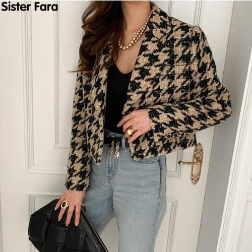 Sister Fara New Autumn Houndstooth Short Jacket Women Double Breasted Loose Turn-Down Collar Coat Winter Woman Cardigan Jacket