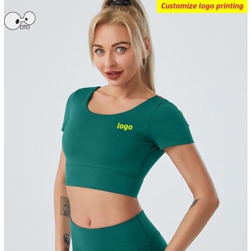 2021 Quick Dry Elastic Padded Yoga Crop Top Women Short Sleeve Backless Gym Fitness Push Up Bra Running Shirts Sportswear Custom