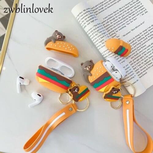 3d cute cartoon bear hamburger for airpods 1 2 pro case pendant box soft silicone wireless bluetooth headset cover accessories