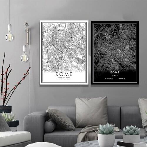 Black White World City Map Canvas Painting ROME City Line Wall Art Print Poster Room Decoration Picture