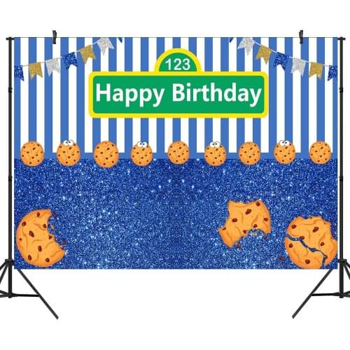Cookies Blue White Stripes Backdrop Kids Happy First 1st Birthday Party Decor Gold Silver Flags Carnival Festa Cake Table Banner