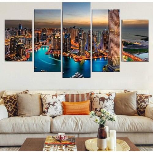 Canvas HD Poster Printed Modern Wall Art Modular 5 Panel Dubai City Skyscrapers Pictures Home Decor Living Room Painting Frame