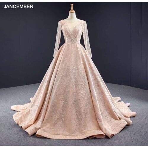 RSM67066 Champagne Lace V-neck Evening Dress Long Sleeve Shiny Beaded Backless Evening Party Gown Vestidos De Festa Longo 2021