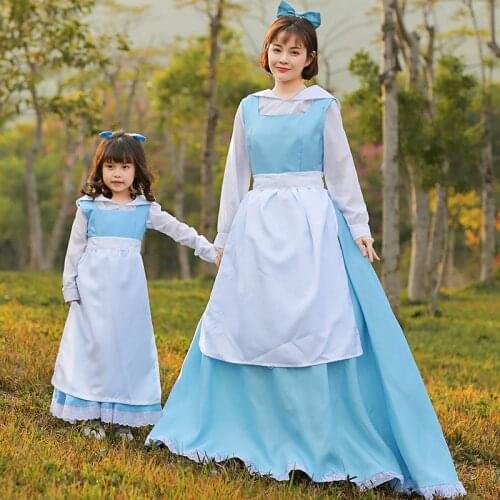 Sky Blue Long Maid Dress Princess Bell Costumes Cosplay Pastoral Lattice Farm Dress Party Costume