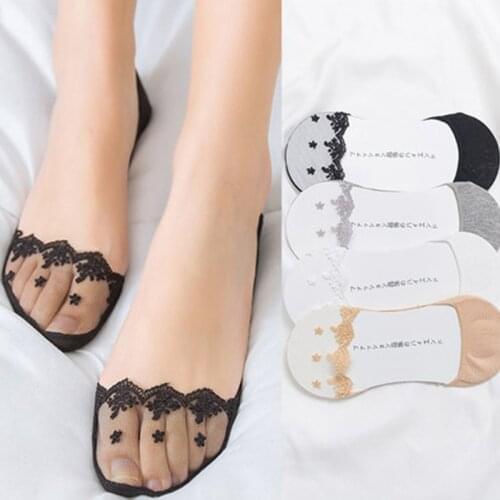 4 Pairs Transparent Short Lace Socks Women Summer Hollow Out Boat Socks Slippers Female Soft Low Invisible Non-slip Socks Ped