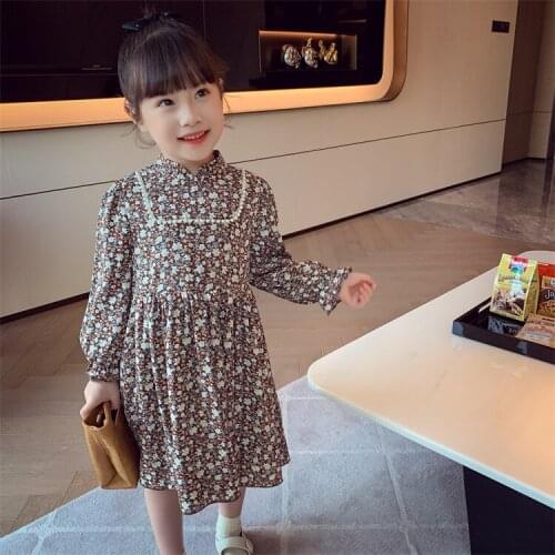 French Pastoral Style Girls Floral Dresses 2021 Fall New Arrival Kids Lace Spliced Princess Dress Cute One Piece Clothes P434