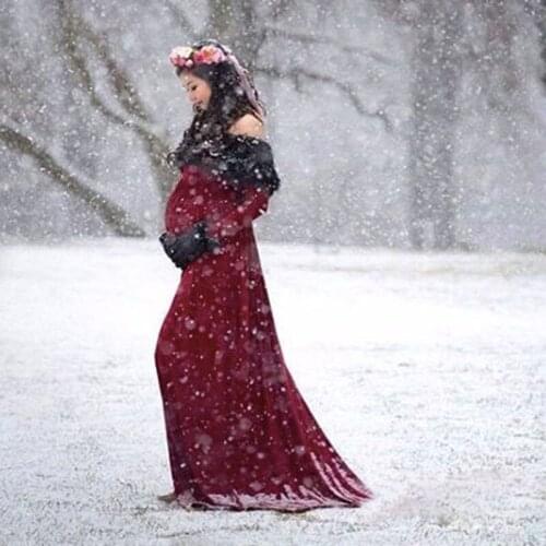 Long Sleeve Maternity Dress Off Shoulder Pregnancy deesses Faux fur Shawl Winter Pregnant Women Long Maxi Dress Photography Dres