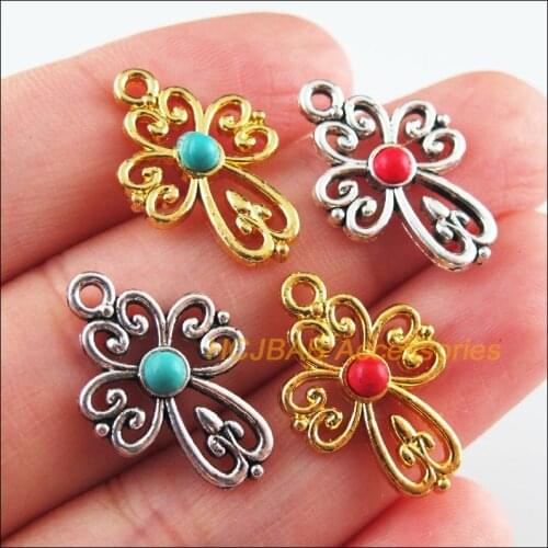 20Pcs Retro Gold Color Tibetan Silver Tone Heart Cross Blue&Red Stone Charms Pendants 14.5x21.5mm