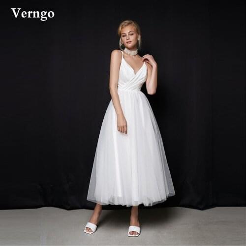 Verngo Simple A Line Tulle Wedding Dress Spaghetti Straps Tea Length Bridal Party Dresses Vintage Women Formal Gown Plus Size