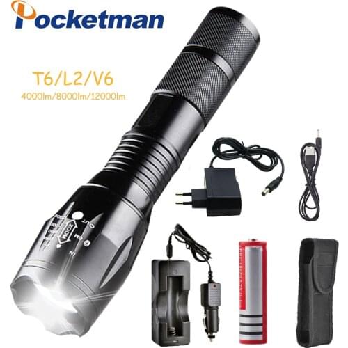 Most bright 5-Mode Pocketman T6/L2/V6 LED Flashlight with charger Zoomable rechargeable Focus Light Torch Lantern by 1*18650