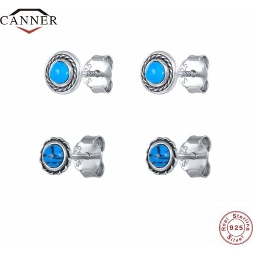 CANNER 925 Sterling Silver Vintage Turquoise Diamond Stud Earrings for Women Punk Piercing Earring Jewelry Pendientes Brincos