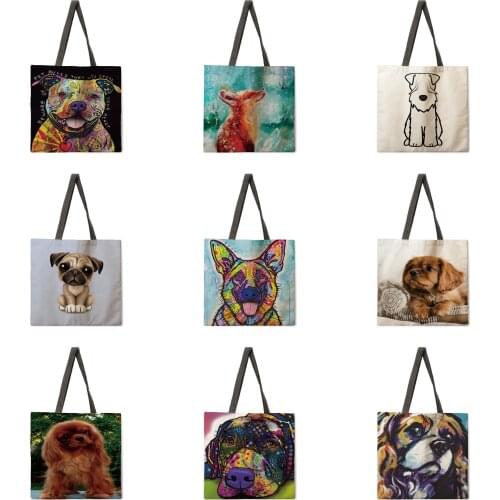 Oil Painting Dog Print Tote Bag Shoulder Bag Linen Fabric Casual Tote Bag Foldable Shopping Bag Reusable Beach Bag