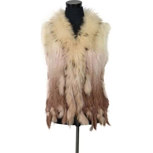 VR001-17 Free shipping womens natural real rabbit fur vest with raccoon fur collar waistcoat/jackets rex rabbit knitted