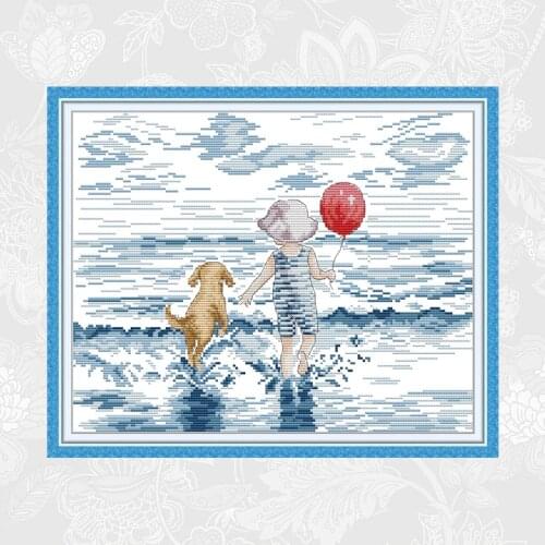 Play by the Seaside Cross-stitch Printed on Fabric DIY Handmade Embroidery Crafts Cross Stitch kits Needlework Sets Wholesale