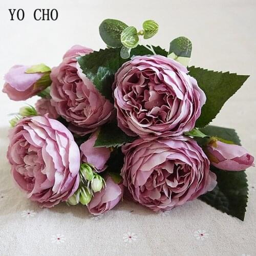 YO CHO Fashion Beautiful Peony Artificial Rose Flowers Wedding Decoration Silk Flowers Bouquet White Peony Red Rose Fake Flowers