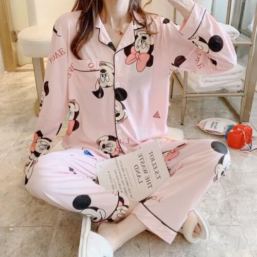 Disney Spring Autumn mickey mouse Long-sleeved cartoon pajama Minnie cute pajamas women nightgowns lady home clothing sleepwear