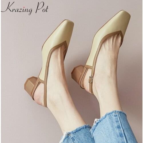 Krazing Pot superstar big size genuine leather med heel square toe back strap office lady shallow sandals women summer shoes L56