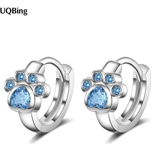 Blue Zircon Women 925 Sterling Silver Cat Paw Footprints Clip Earrings On Ear Jewelry