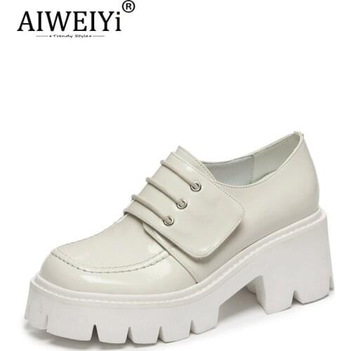AIWEIYi Leather Shoes Woman British Style Thick High Heels Lace Up Brogue Shoes Patent Leather Oxford Shoes Platform Pumps