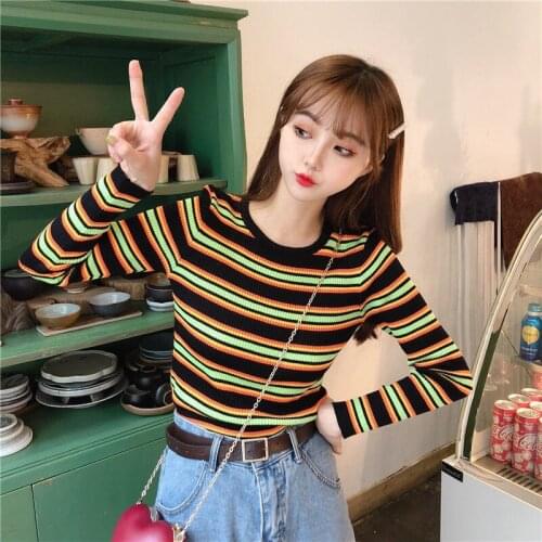 Woman Sweaters Pullover Autumn And Winter Rainbow Striped T-shirt Womens Long-Sleeved Top Woolen Knit Femme Chandails