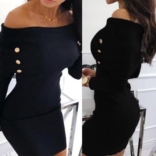 Autumn Women Sexy Black Bodycon Dresses Solid Patchwork Off Shoulder Strapless Button Long Sleeve Club Mini Dress Party Night 02