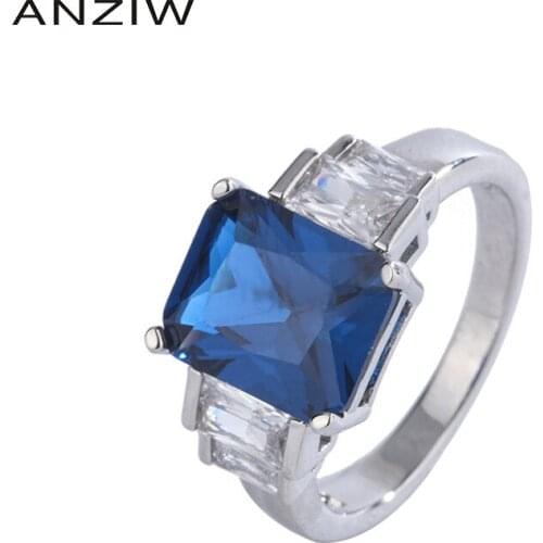 ANZIW Sterling Silver Radiant Cut 8*10 Lab Created Sapphire Classic Engagement Ring With Adjustable For Women Jewelry Gifts