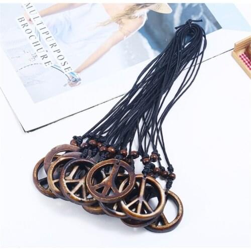 2020 Hot Sale Lucky Fashion Black Rope Beaded Vintage Resin Anti-War Peace Sign Symbol Pendant Necklace Unisex Jewelry Gifts
