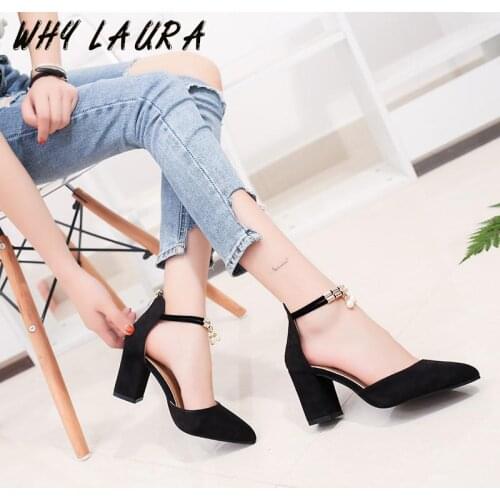 2021 summer Korean version of the new high-heeled thick heeled bun with a character buckle with pointed toe womens shoes