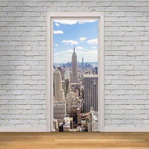 3D New York Manhattan Imitation Door Stickers Wall Sticker Wallpaper Wooden Waterproof Bedroom Home Decoration