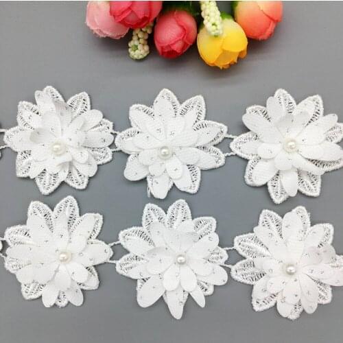 50x 3D White Multi-layer Flower Pearl Beaded Lace Trim Embroidered Ribbon French Fabric Sewing Craft DIY For Costume Decoration