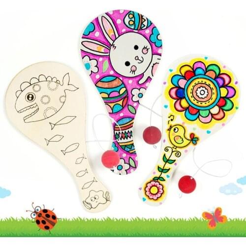 9pcs/set Hand-painted Wooden Racket with Ball DIY Craft Cartoon Painting Graffiti Toy Kindergarten Kids Gift
