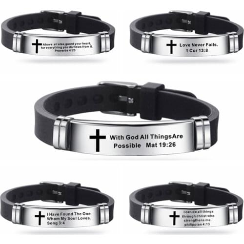Jesus Cross Bangle Bracelet Christian Bible Scripture Stainless Steel Bracelet Silicone Jewelry