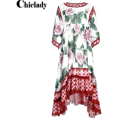 CHICLADY plus size midi dress floral printed polka dot patchwork ruffles asymmetrical beach holiday flare sleeve summer boho new
