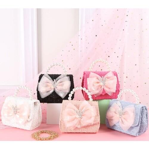 Baby Princess Crown Shoulder Bag, Shinny Crystal Pack, Kids Girls Lace Bowknot Square Pocket, Detachable Chain Pearl Handbag