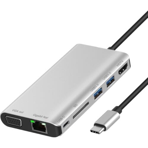 Type-C Docking Station, USB 3.0X2 +Sd Card Reader + HDMI-Compatible /Vga+Jack 3.5 +Gigabit Lan+Type-C+(Pd) Hub