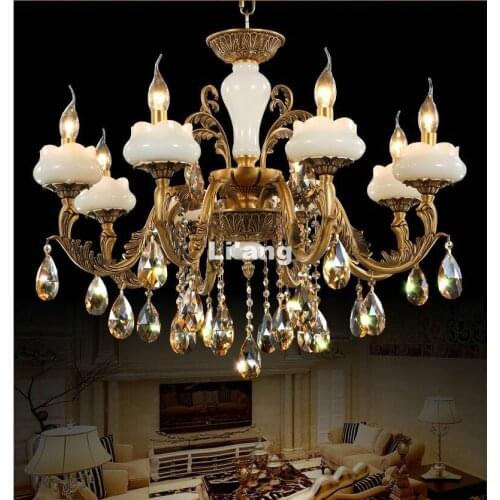 European Style Brass Antique Crystal Chandelier Lingting Bronze Luxurious Jade Brass E14 Crystal Lamp Lustre Suspension Lighting