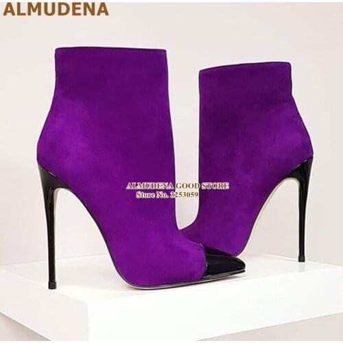 ALMUDENA Purple Suede Black Heel Ankle Boots Stiletto Heels Pointed Toe Short Booties Mixed Color Patchwork Dress Shoes Pumps