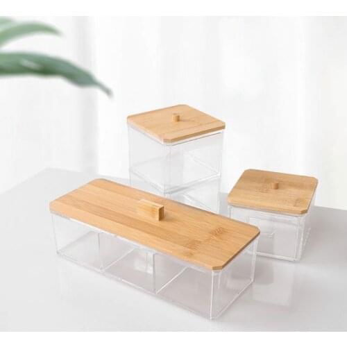 Makeup Cotton Pads Swab Storage Bin Case Cosmetics Organizer Box with Bamboo Cover for Women Makeup Holder