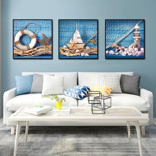 HD Wall Decor Seascape Canvas Painting Mediterranean Style Marine Pendant Decorative Poster Childrens Room Decor