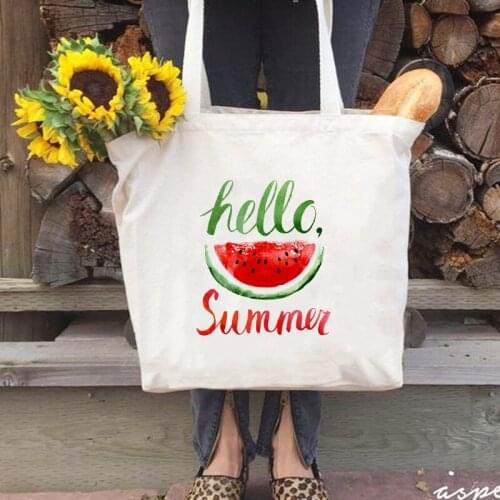 2021 Hello Summer Print Canvas Bags Female Shopping Eco Reusable Foldable Shoulder Bag Handbag Tote Bag Casual Travel Beach Bag