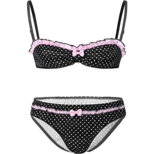 IEFiEL Mens Sissy Lingerie Sets Polka Dot Spaghetti Straps Ruffles Bra Top with Jockstraps Briefs Underwear Exotic Panties