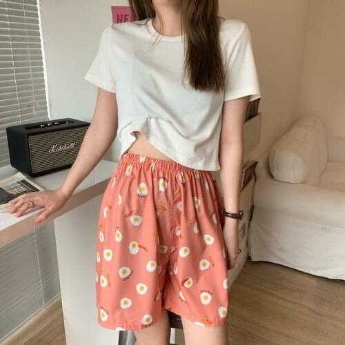 Korean Sleep Bottoms Pants for Girls Women Cute Fruit Cartoon Print Pajamas Summer Shorts Loose Pyjamas Pour Femme Trousers 2021