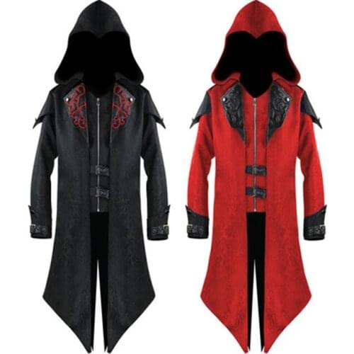 Mens Vintage Halloween Hoody Costumes 3XL Gothic Swallow-Tail Coat Cosplay Long Uniform Long Sleeve Steampunk Jacket Black Red