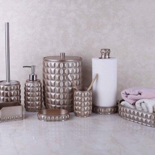 By Selim 5 Piece Polyester Quilted Bath Set Set Mink-1 Piece Dustbin 1 Piece Toilet Brush 1 Piece Liquid Soap Holder 1 Piece Dry