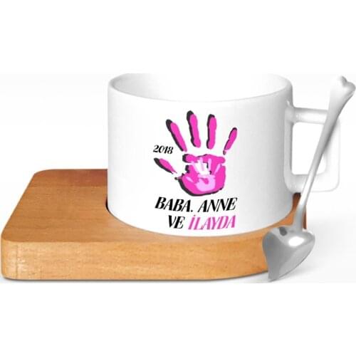 Personalized Father Mother Child Design Wood Altlıklı Ceramic Cup-1