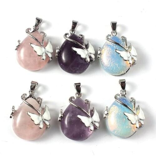 Natural Teardrop Pendant for Female Charms Jewelry Rose Pink Quartz Water Drop Pendants With Silver Plated Drip Oil Butterfly